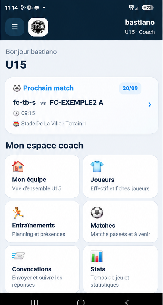 ClubConnect PWA coach - écran d'accueil
