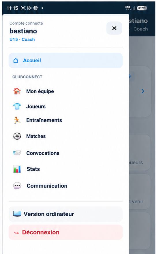 ClubConnect PWA coach - menu ouvert
